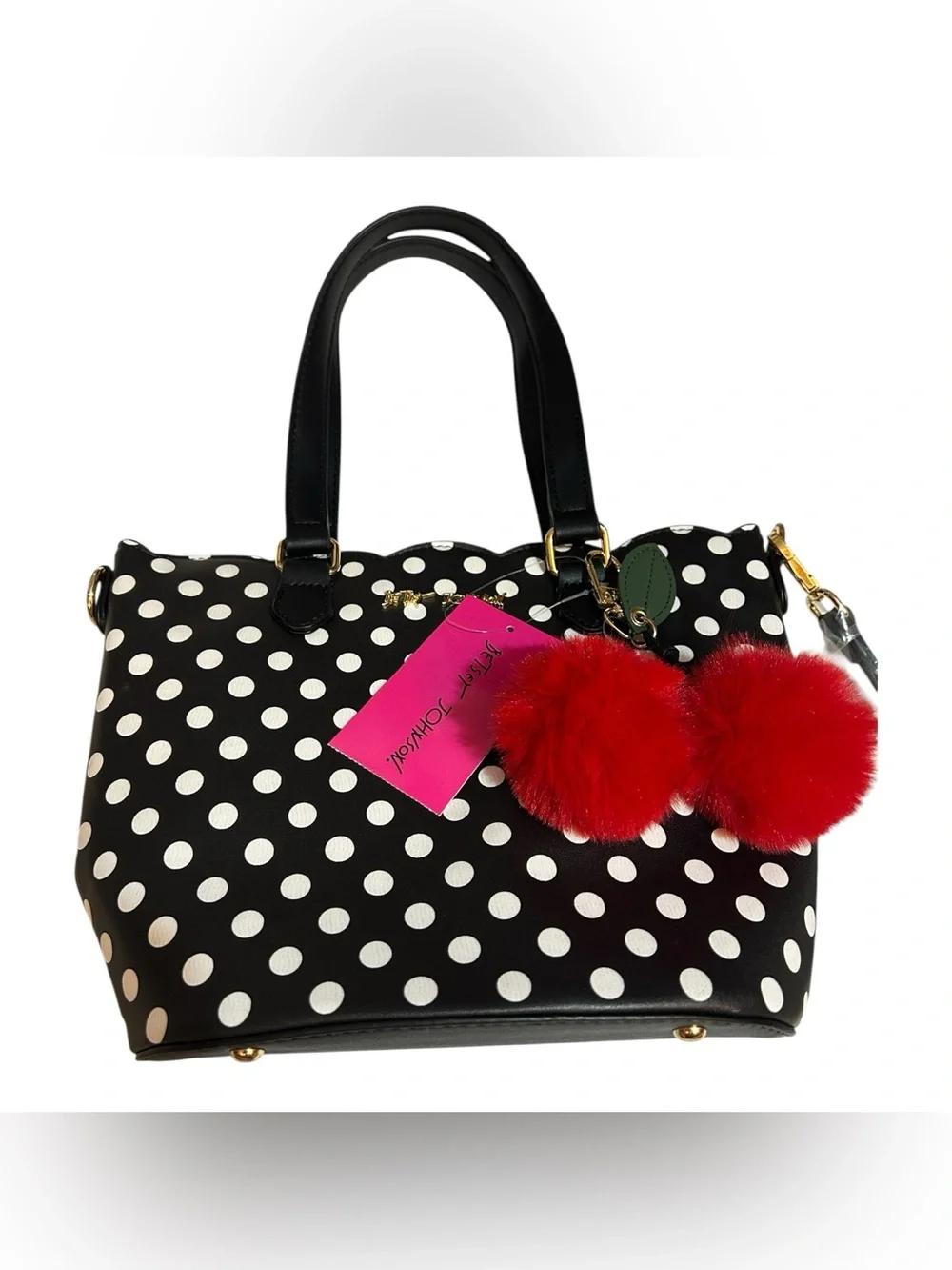 Betsey Johnson Black White Polka Dot Satchel Crossbody w/ Red Pom Pom Charm NWT